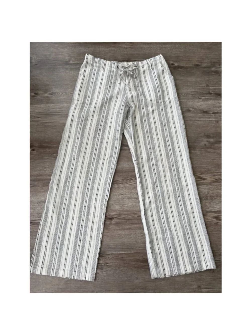 4Our Dreamers Striped Linen Blend Wide Leg Pants Womens L Cream Drawstring Coast